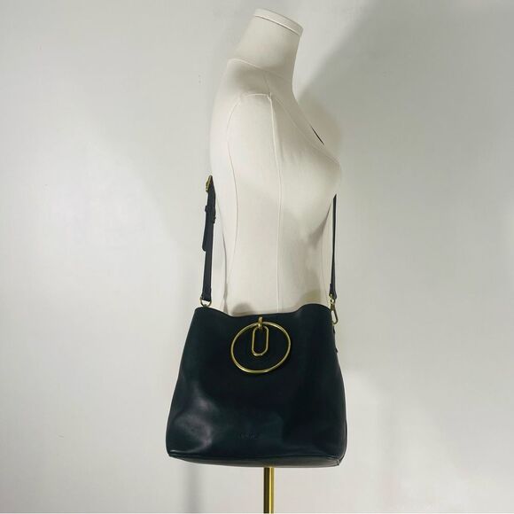 Nine West Soft Leather Black Handbag w Large Brass Gold Handles & Optional Strap - Picture 1 of 15